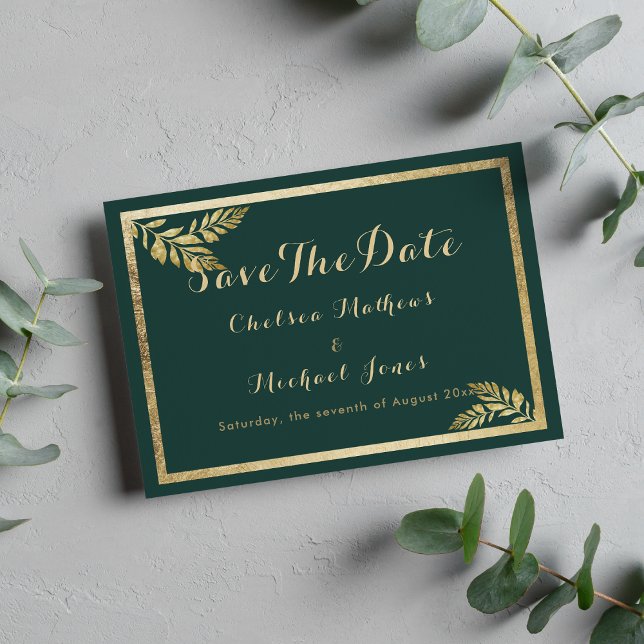 Elegant-grönten golden löv Spara datum för  av sko Spara Datumet (Elegant forest green golden leaf Save The Date)