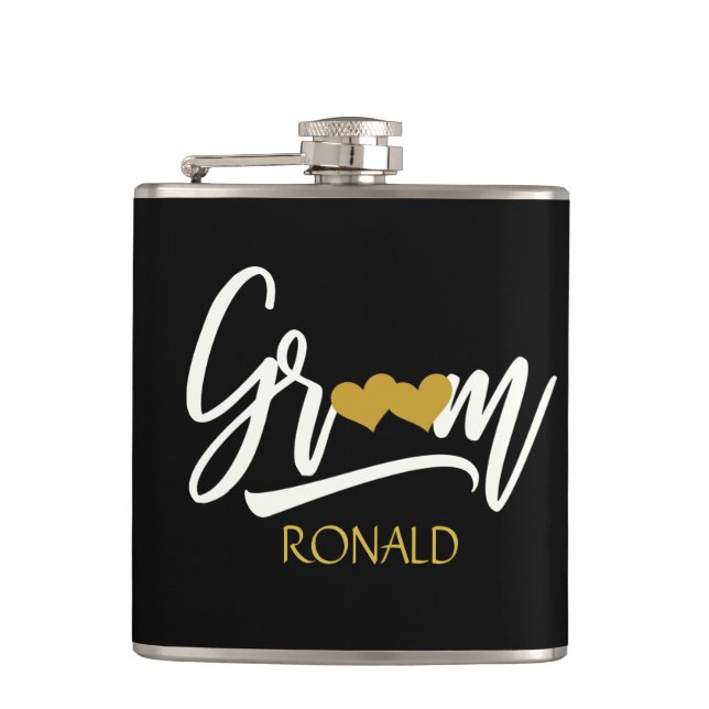 Elegant Groom Black och Guld Bröllop Fickplunta (Framsidan)