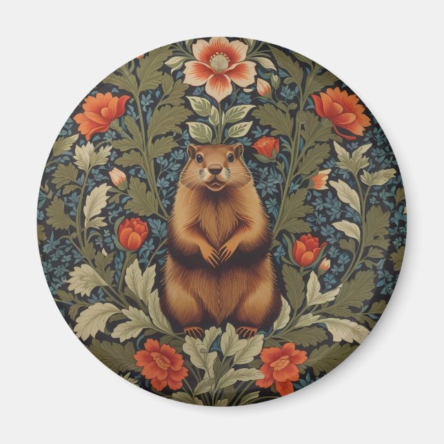 Elegant Groundhog William Morris Inspired Magnet (Framsidan)