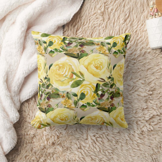 Elegant gul akvarell blommiga rosor grönska  kudde (Filt)