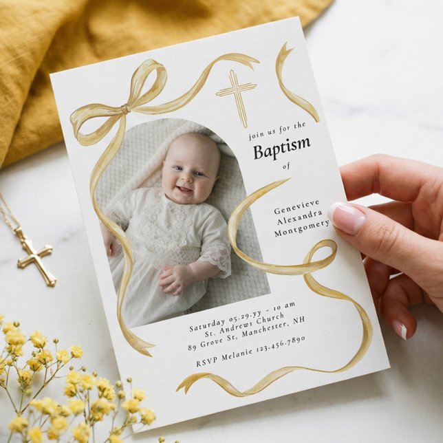 Elegant gul båge dop baby foto båge kors  inbjudningar (Elegant Yellow Bow Baptism Baby Photo Arch Cross Invitation)