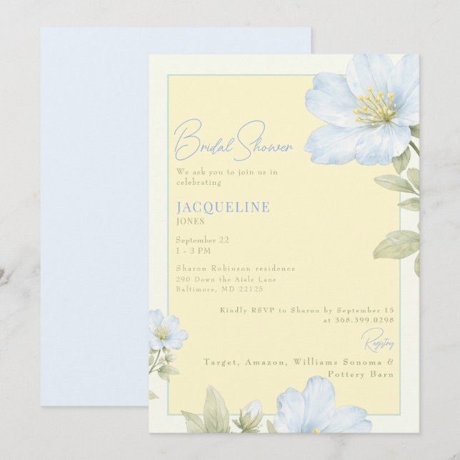 Elegant gul & blå blomstergudsbröllopsfest inbjudningar (Fram/baksida)