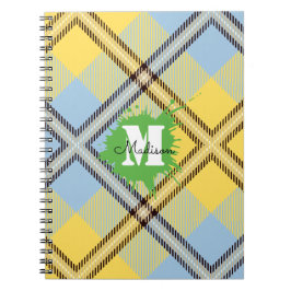 Elegant gul blå rutig Tartan monogram skript Anteckningsbok