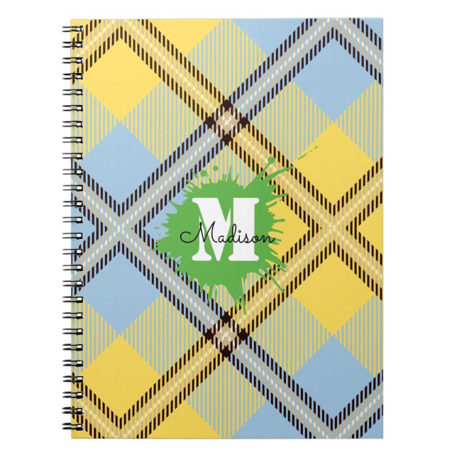 Elegant gul blå rutig Tartan monogram skript Anteckningsbok (Framsidan)
