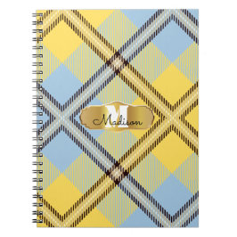 Elegant gul blå tartan guld monogram skriptnamn anteckningsbok
