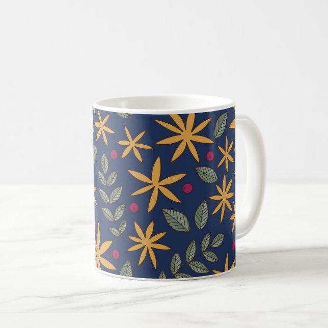 Elegant gul blommönster på blå bakgrund kaffemugg (Framsida höger)