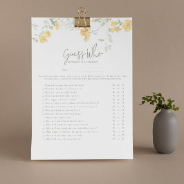 Elegant gul blomster 'Gissa vem' Baby Shower-spel Reklamblad