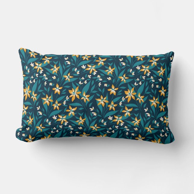 Elegant gul blomsterdesign i mörkgröna blad lumbarkudde (Framsida)