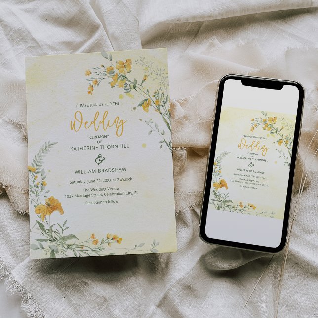 Elegant gul boho bröllopsinbjudan med blommor inbjudningar (Skapare uppladdad)