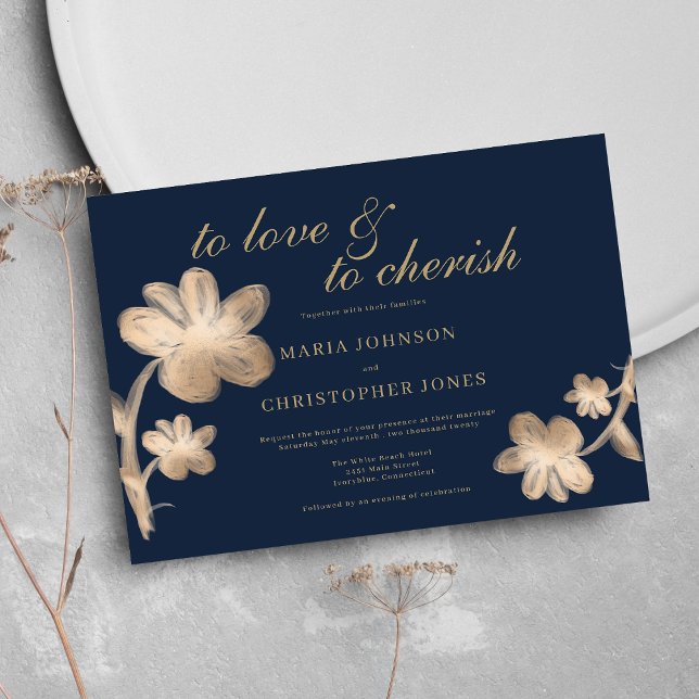 Elegant Gul chic guld-skript blommigt Bröllop Inbjudningar (Elegant navy blue chic gold script floral Wedding )