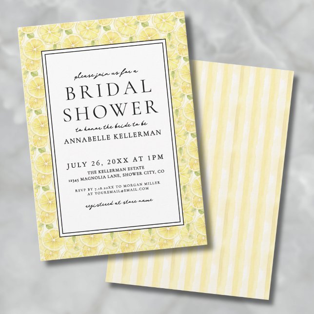 Elegant gul citron citrus bröllopsdusch inbjudningar (Elegant Yellow Lemon Citrus Bridal Shower Invitation)