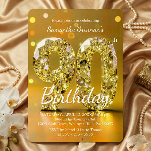 Elegant gul diamant ädelsten glamour 90-årsfest inbjudningar