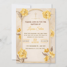 Elegant gul dopinvitation med blomsterkors