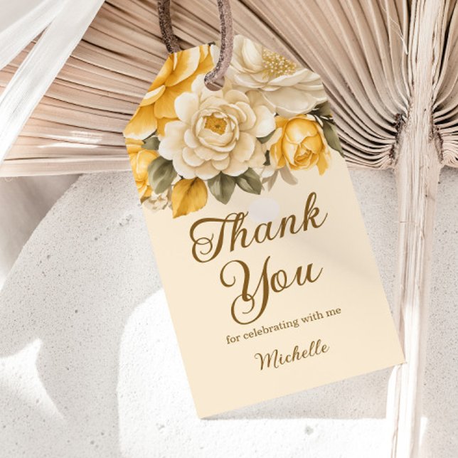 Elegant gul elfenbensfärgad kräm blommig födelseda presentetikett (Yellow and cream-colored watercolor floral birthday party "Thank you" gift tag)