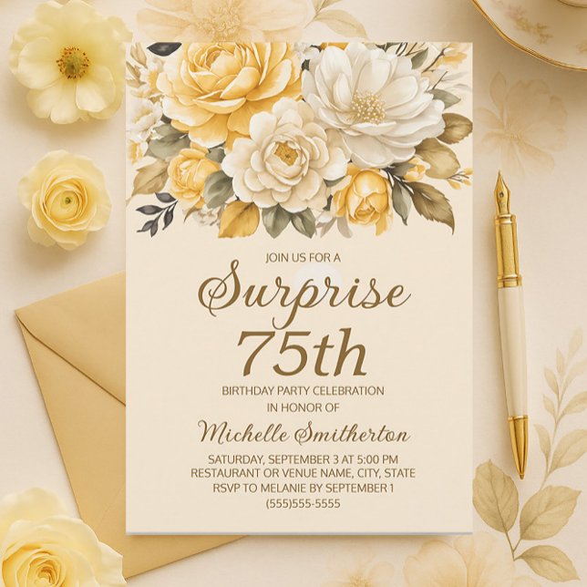 Elegant gul elfenbenskräm blommig överraskning inbjudningar (Elegant yellow and cream-colored watercolor floral surprise 75th birthday party invitation)