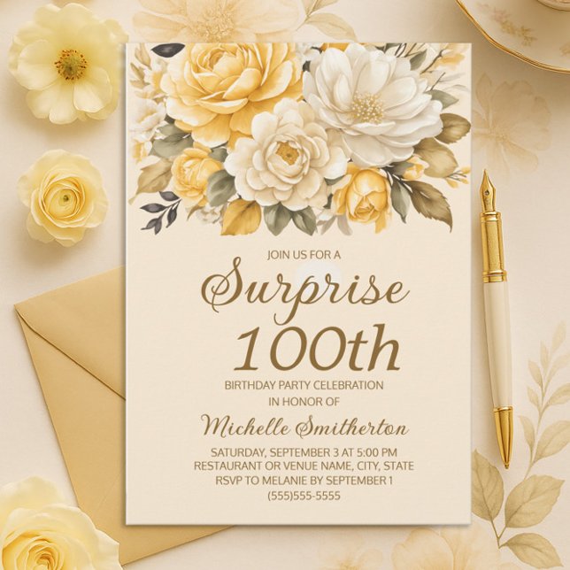 Elegant gul elfenbenskräm floral överraskning 100- inbjudningar (Yellow and cream floral 100th birthday party invitation)