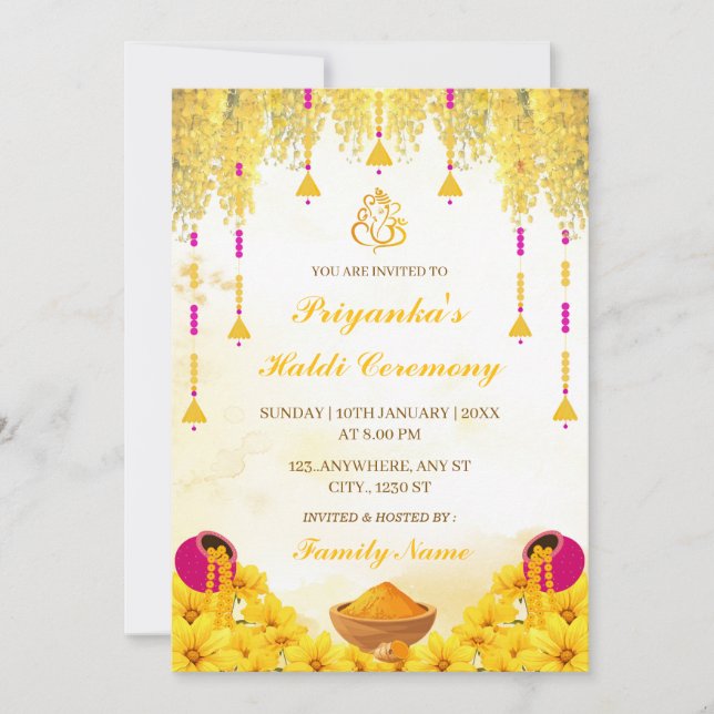 Elegant gul floral Haldi-ceremoni-inbjudan Inbjudningar (Framsida)