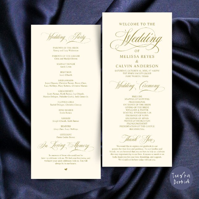 Elegant gul kräm guld manus bröllopsceremoni program (Elegant Classic Yellow Gold Script Wedding Ceremony Program Card)