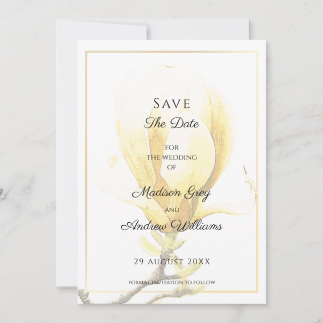 Elegant gul magnolia Save the Date-inbjudan Spara Datumet (Framsida)
