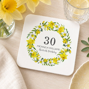 Elegant gul narciss blomstergirlang 30-årsdag underlägg papper kvadrat