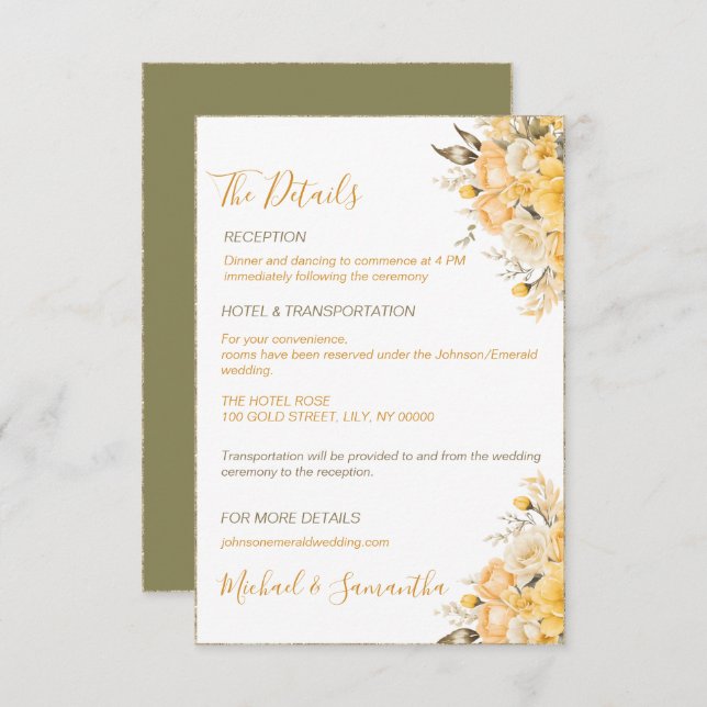 Elegant gul och elfenbensfärgad rosbröllop tilläggskort (Fram/baksida)