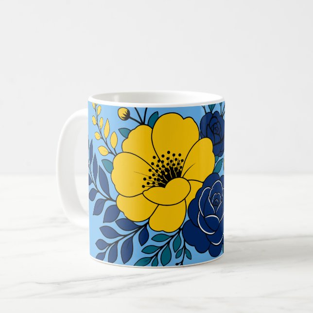 Elegant gul och marinblå blommig design kaffemugg (Framsida vänster)