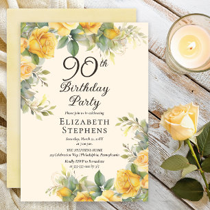 Elegant gul ros 90-års födelsedagsfest inbjudan