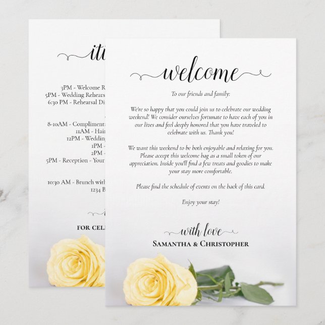 Elegant gul ros bröllop välkommen & program (Fram/baksida)