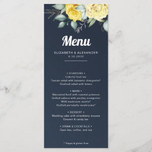 Elegant gul ros - marinblått bröllop meny