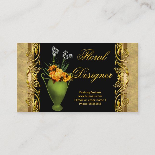 Elegant gul ros svart guld blommsteri visitkort (Framsida)