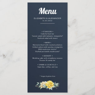 Elegant gul ros vattenfärgsblått bröllop meny
