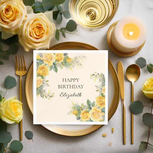 Elegant gul rosblommig födelsedagsfest pappersservett (Elegant yellow rose floral birthday napkin with warm cream botanical garden party styling)