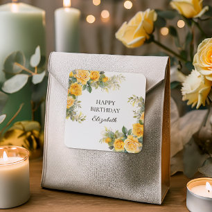 Elegant gul rosenblomma födelsedagsfest fyrkantigt klistermärke