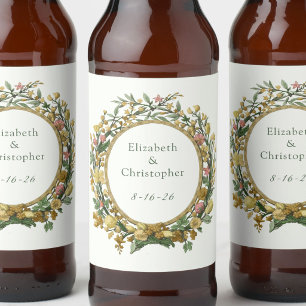 Elegant gul vintage blomsterbröllop ölflaska etikett