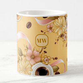Elegant gula blommor och ribbon monogram kaffemugg