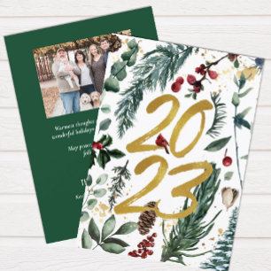 Elegant Guld 2023 Festive Gräs Bough Blommigt Phot Julkort
