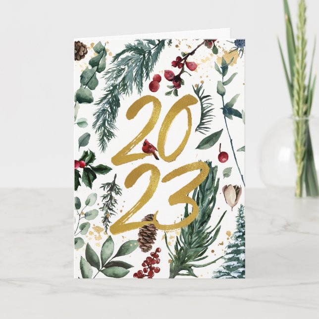 Elegant Guld 2023 Festive Gräs Greenery Red Blommi Helgkort (Framsida)