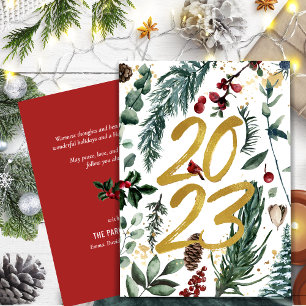 Elegant Guld 2023 Festive Gräs Greenery Red Blommi Julkort