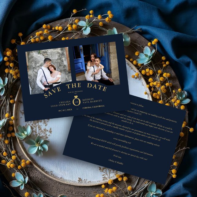 Elegant Guld 2 Foton sofistikerade Bröllop (Navy Elegant Gold 2 Photos Sophisticated Wedding Save the Date Cards.)