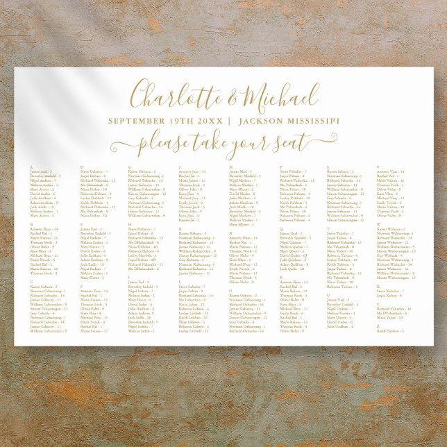 Elegant Guld 300 Namn Bröllopsplatskarta Poster (Chic Gold 300 Names Wedding Seating Chart)