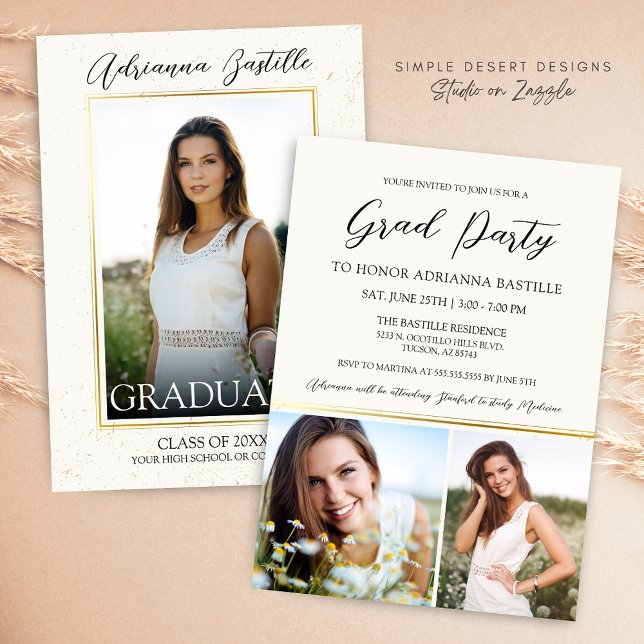 Elegant Guld 3 Studentfest för fotokalligrafi Inbjudningar (Elegant Cream and Gold Signature Graduation Invitation)