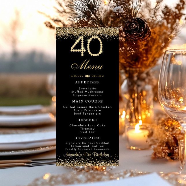 Elegant Guld 40-årsfirande Middag Platt Meny (Gold 40th birthday party dinne menu card)