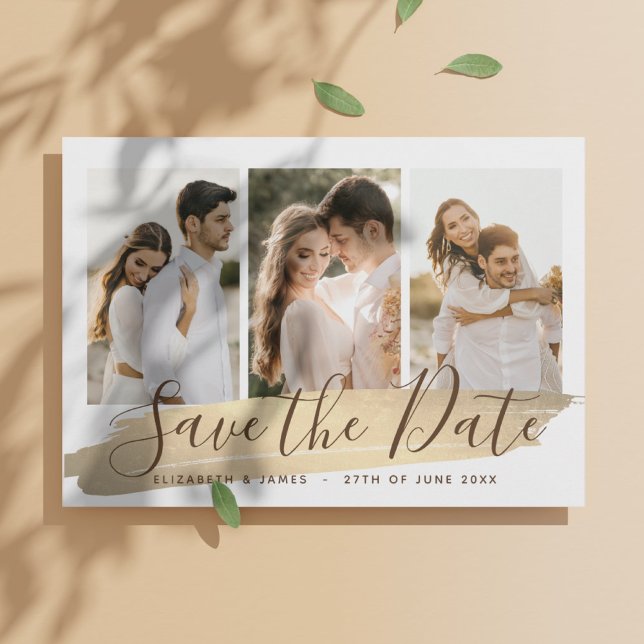 Elegant Guld 4 Foto Spara Datum Bröllopsinbjudan Datumet (4 photo Elegant Save the Date Wedding Invitation - Bohemian, gold
)