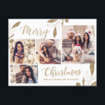Elegant Guld 4 Photo Collage Botaniska julen Vykort<br><div class="desc">Elegant, Modern Guld Botanical Foliage Löv 4 Photo Collage Guld och White God jul Script Helgdag Postcard. Denna festiva, imalistiska, viskösa 4-foto-vykort (4) innehåller en helgdag fotokollage, faux guld foil botanical foliage greenery löv, winterbär och säger God jul! Texten "God jul" hälsning är skriven med ett vackert, handskrivet typsnitt på...</div>