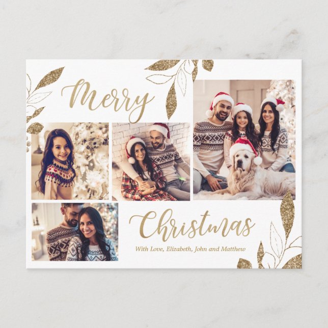 Elegant Guld 4 Photo Collage Botaniska julen Vykort (Framsida)