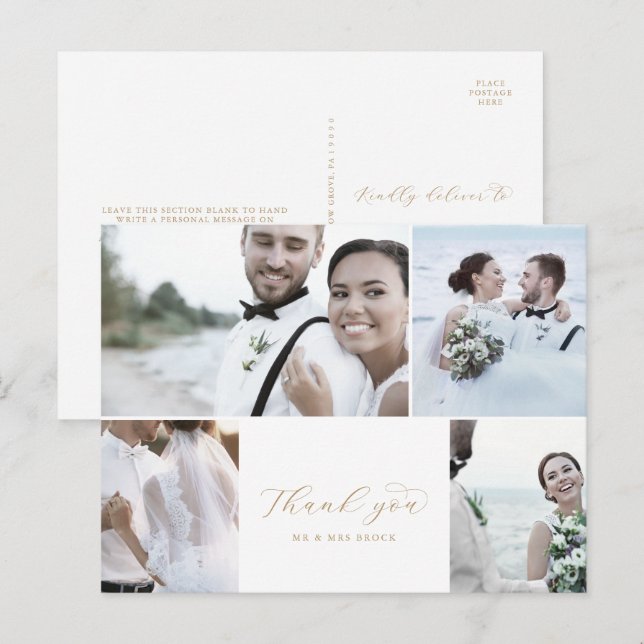 Elegant Guld 4 Photo Collage Bröllop Tack Vykort (Fram/baksida)