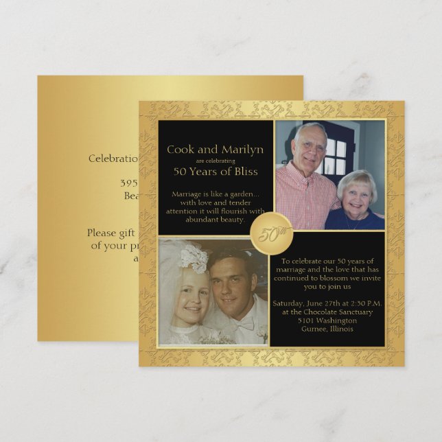 Elegant Guld 50-års Bröllopsdag Inbjudan 5 (Fram/baksida)