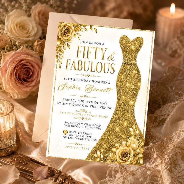 Elegant guld 50-års födelsedagsinbjudan inbjudningar (Skapare uppladdad)
