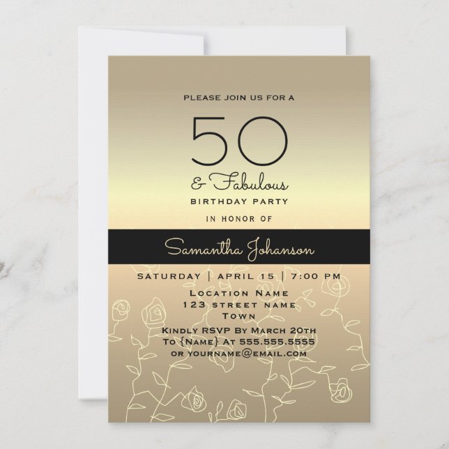 Elegant guld 50-årsdag inbjudningar (Framsida)