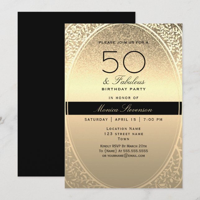 Elegant guld 50-årsdag inbjudningar (Fram/baksida)